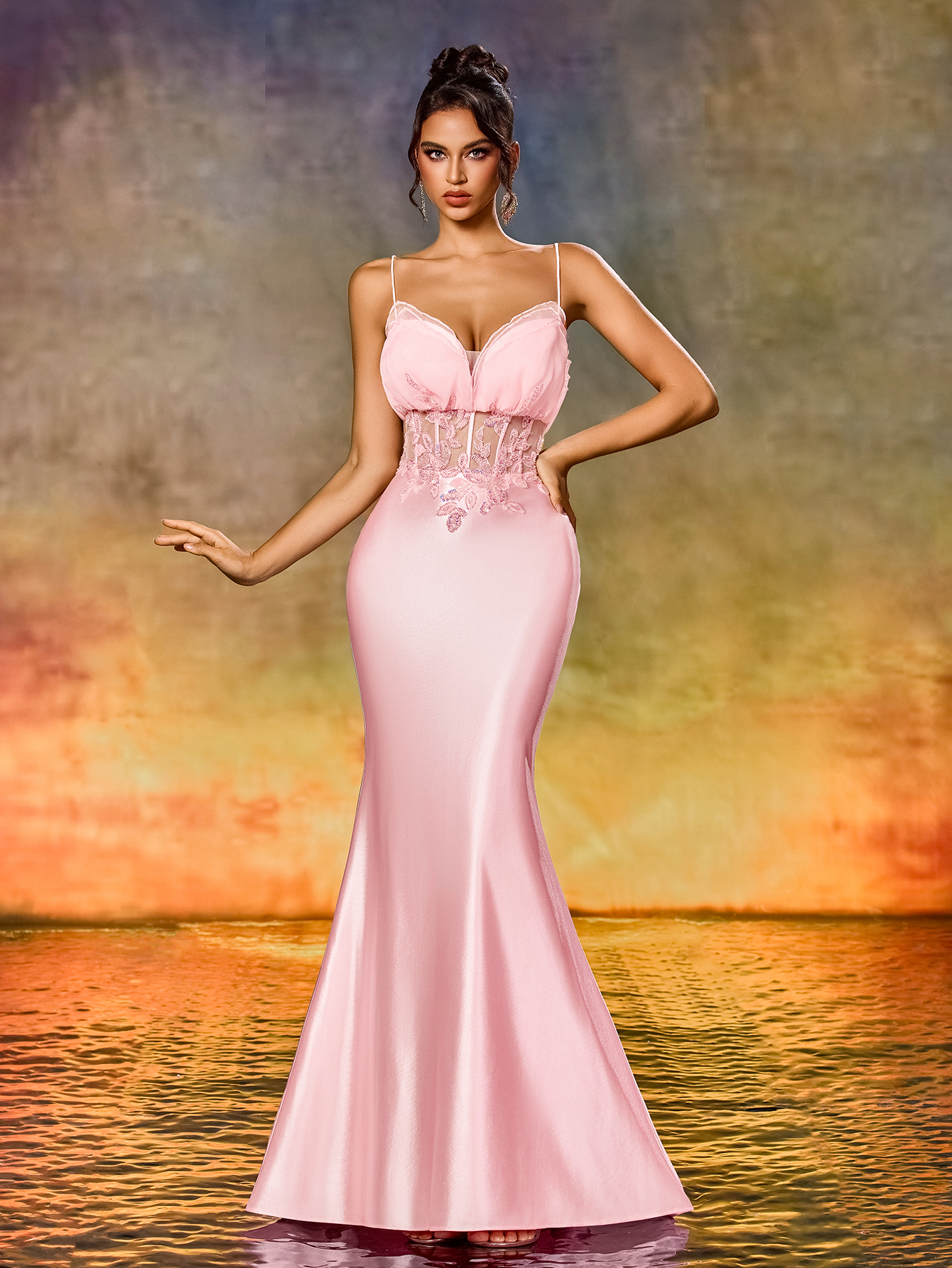 Cute Spaghetti Strap Beaded Embroidery Mermaid Evening Gown