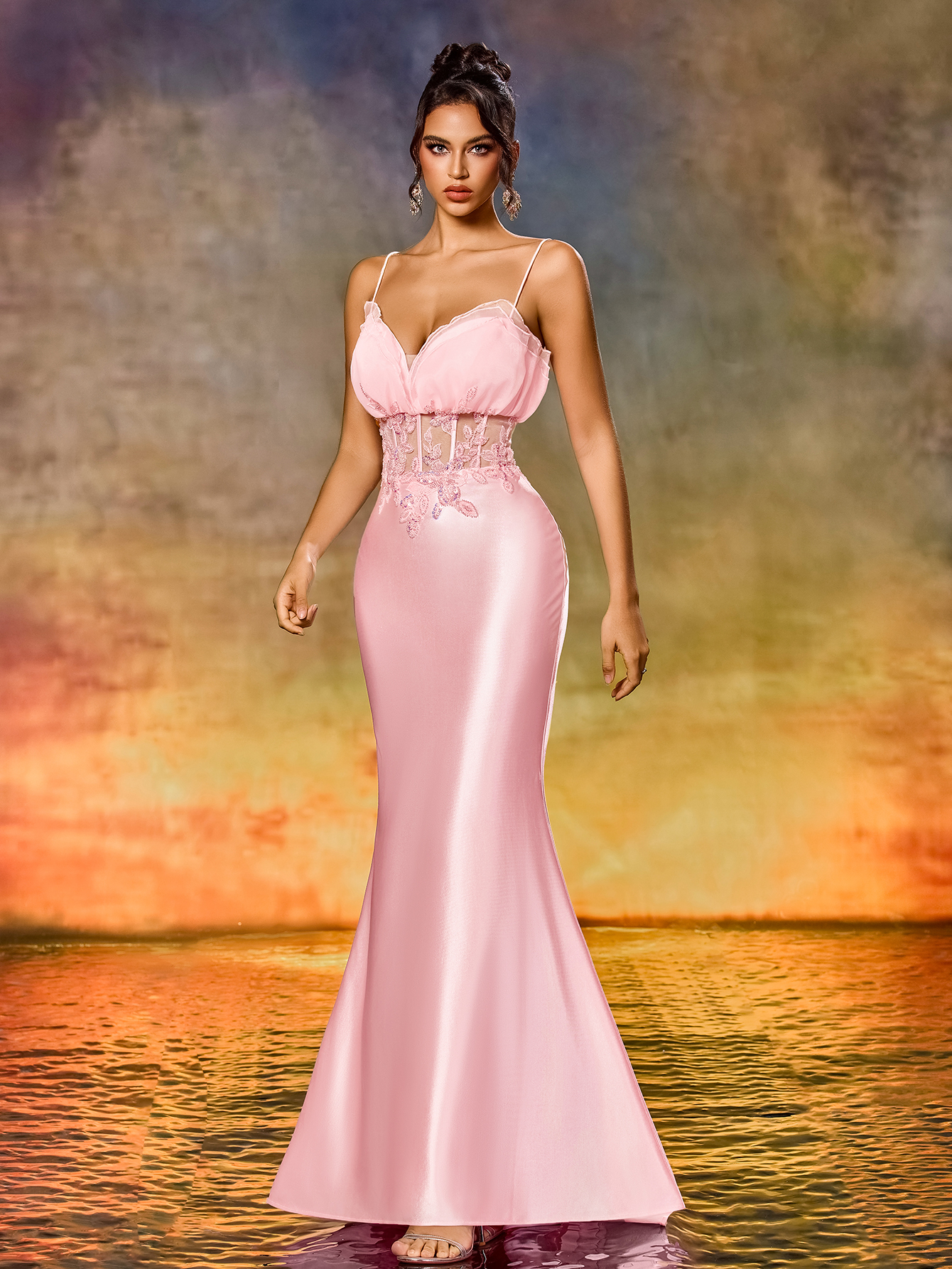 Cute Spaghetti Strap Beaded Embroidery Mermaid Evening Gown