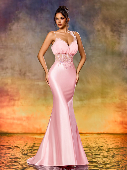 Cute Spaghetti Strap Beaded Embroidery Mermaid Evening Gown