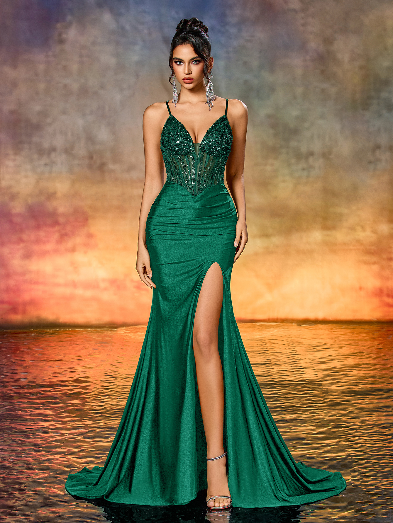 Modecrush Elegant Deep V Backless Beaded Embroidery Sequins Patchwork Evening Dresses Suitable For Dinner, Cocktail, Party And Other Occasions.