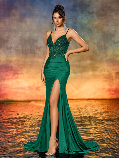 Modecrush Elegant Deep V Backless Beaded Embroidery Sequins Patchwork Evening Dresses Suitable For Dinner, Cocktail, Party And Other Occasions.