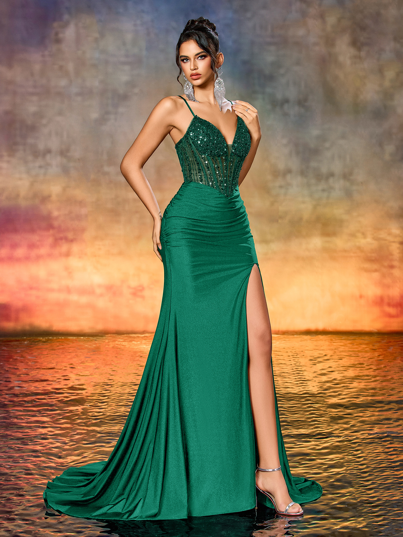 Modecrush Elegant Deep V Backless Beaded Embroidery Sequins Patchwork Evening Dresses Suitable For Dinner, Cocktail, Party And Other Occasions.