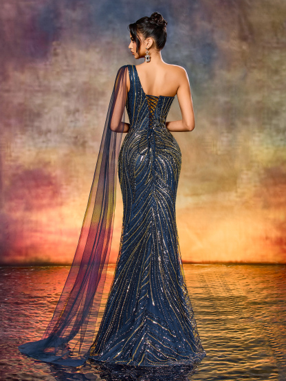 Modecrush Elegant One-Shoulder Sequin Beaded Patchwork Evening Gown Dress with Long Fluttering Straps Suitable For Award Ceremony, Formal Evening, Cocktail Party