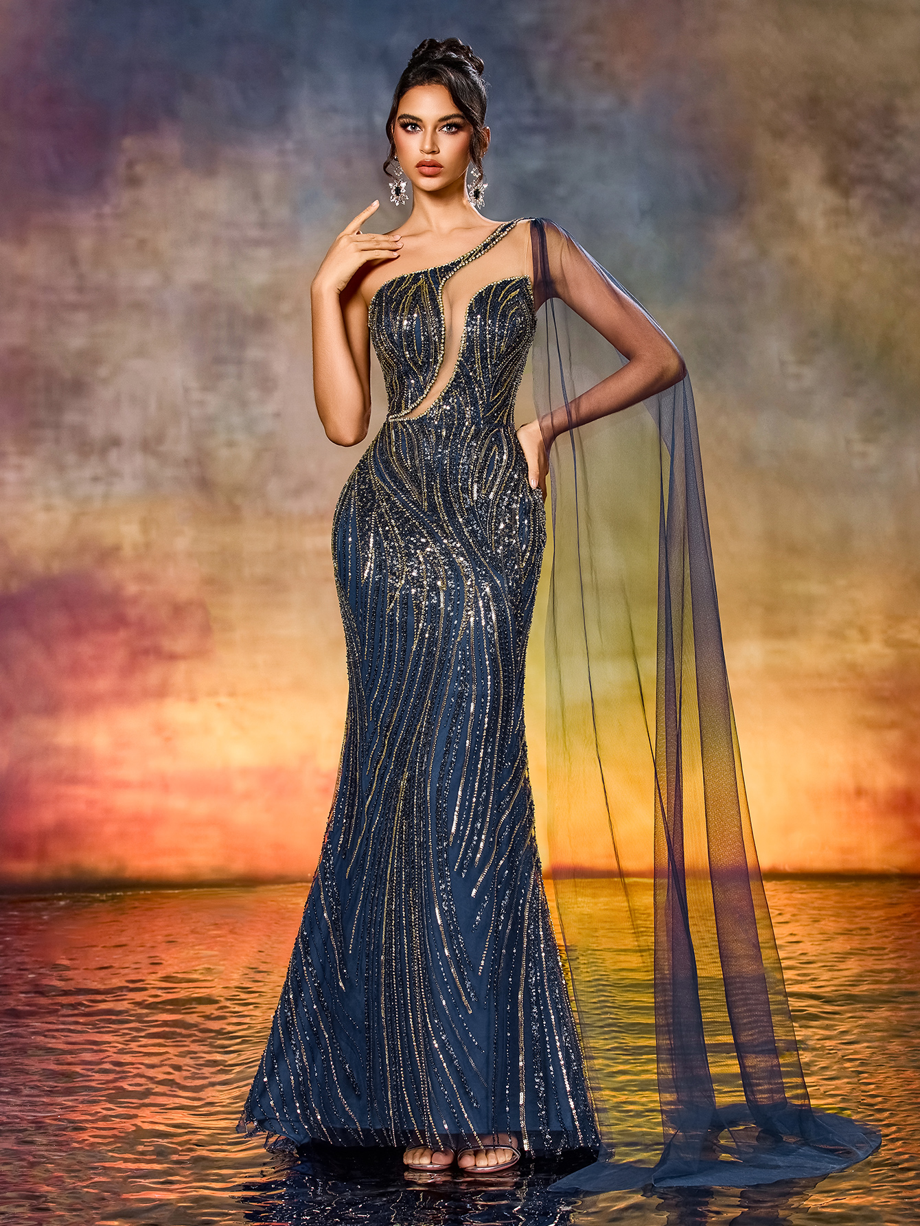 Modecrush Elegant One-Shoulder Sequin Beaded Patchwork Evening Gown Dress with Long Fluttering Straps Suitable For Award Ceremony, Formal Evening, Cocktail Party