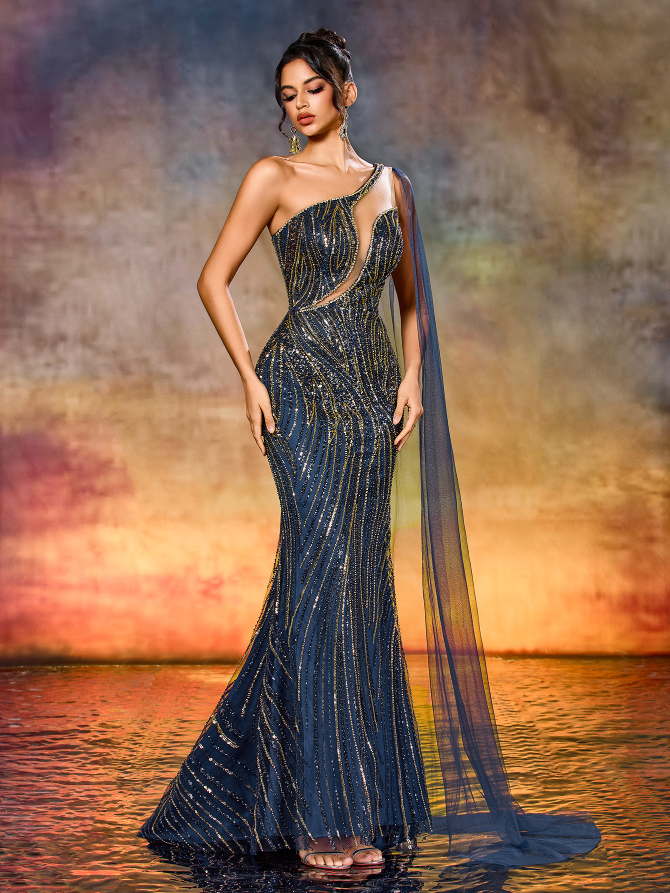 Modecrush Elegant One-Shoulder Sequin Beaded Patchwork Evening Gown Dress with Long Fluttering Straps Suitable For Award Ceremony, Formal Evening, Cocktail Party