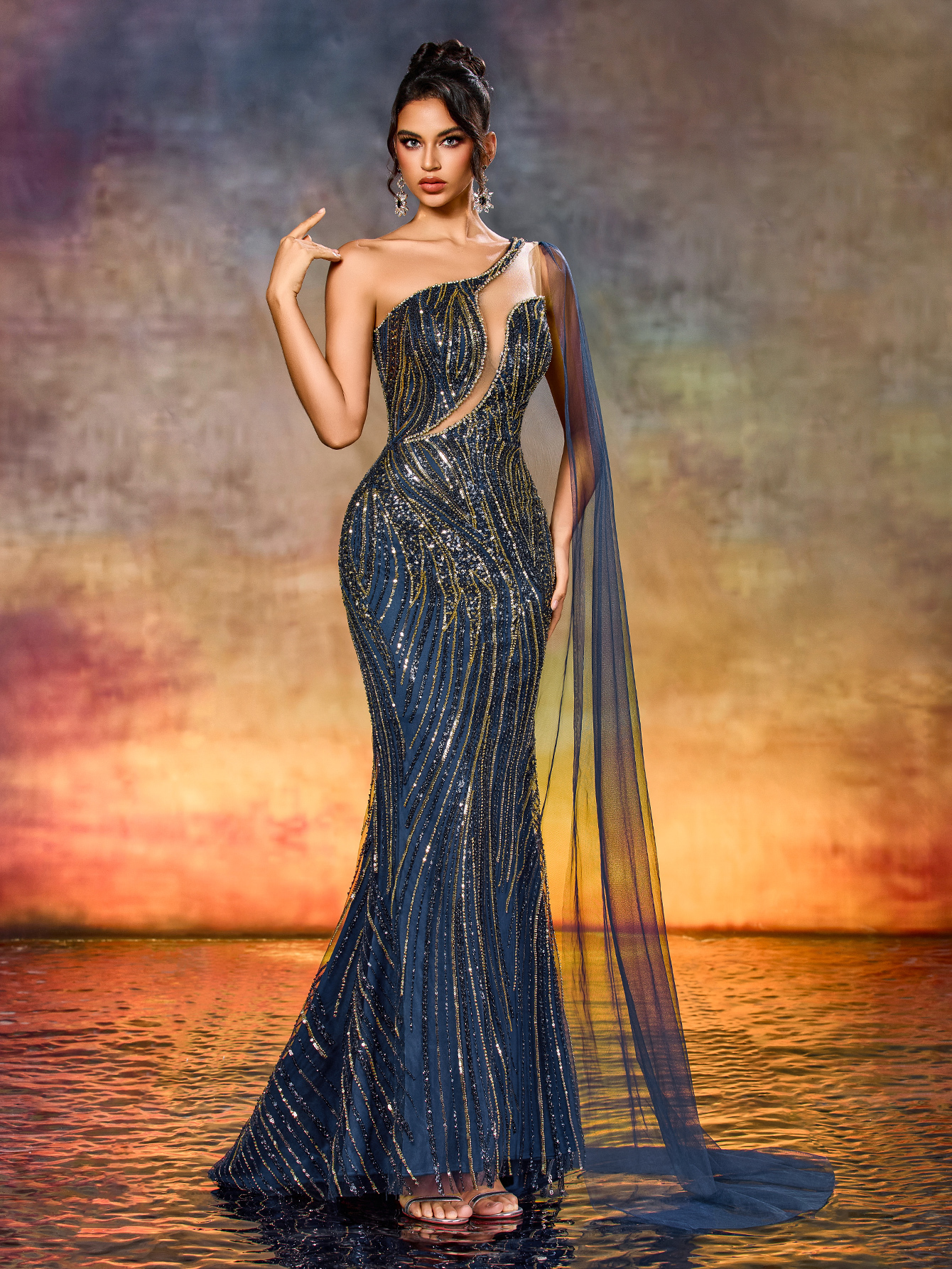 Modecrush Elegant One-Shoulder Sequin Beaded Patchwork Evening Gown Dress with Long Fluttering Straps Suitable For Award Ceremony, Formal Evening, Cocktail Party