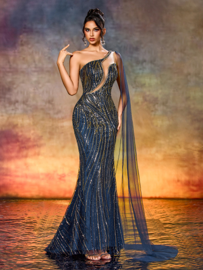 Modecrush Elegant One-Shoulder Sequin Beaded Patchwork Evening Gown Dress with Long Fluttering Straps Suitable For Award Ceremony, Formal Evening, Cocktail Party