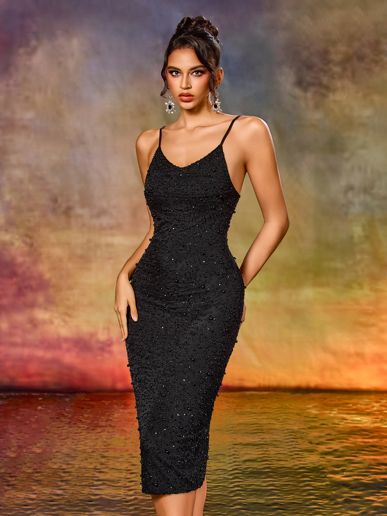 Modecrush sequin-Embroidered Party Dress from Desk to Disco, Flattering Slim Fit & Adjustable Spaghetti Straps?C70s-Inspired Beaded Midi for Gallery Openings?CHomecoming?CWedding Guest Dress, Formal Dress, Evening Dress,Bridal Dress?CBirthday