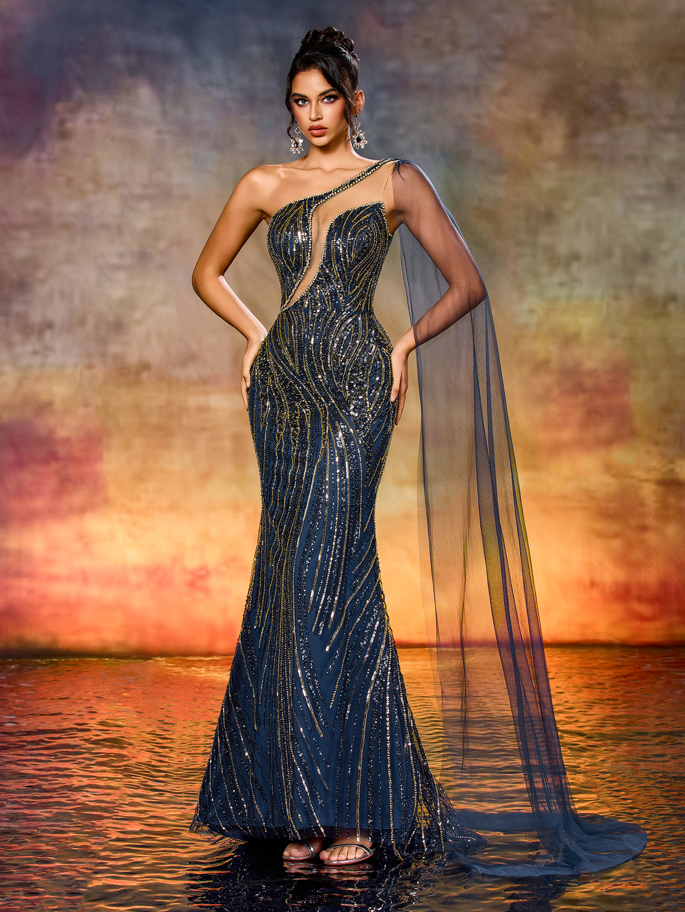 Modecrush Elegant One-Shoulder Sequin Beaded Patchwork Evening Gown Dress with Long Fluttering Straps Suitable For Award Ceremony, Formal Evening, Cocktail Party