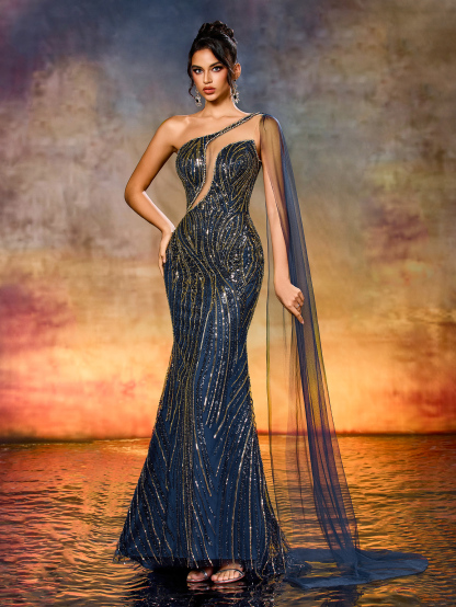 Modecrush Elegant One-Shoulder Sequin Beaded Patchwork Evening Gown Dress with Long Fluttering Straps Suitable For Award Ceremony, Formal Evening, Cocktail Party