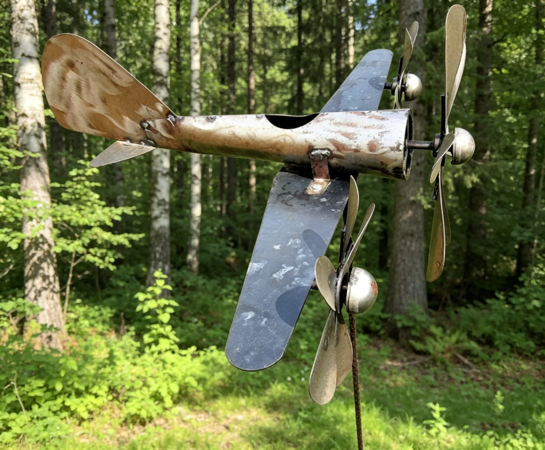 Rusty Sky Racer Plane Weathervane - Vintage Double Propeller Outdoor Garden Decor Stake