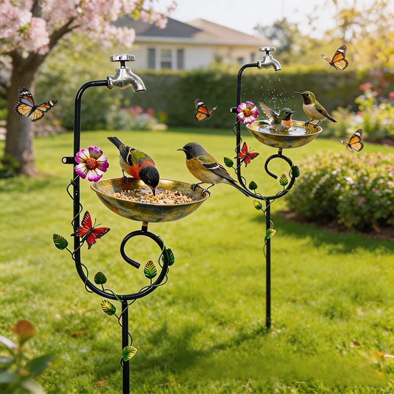 Vintage Faucet Bird Feeder Bath – 3-in-1 Metal Garden Stake & Yard Art