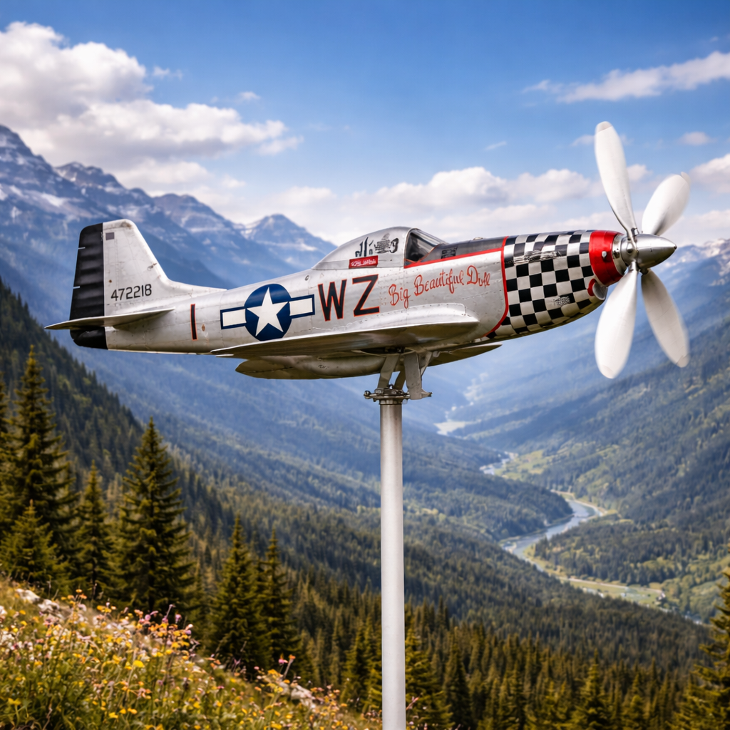WWII North American P-51D Mustang Z "Big Beautiful Doll" Metal Wind Spinner Weathervane, WWII Fighter Outdoor Garden Decor