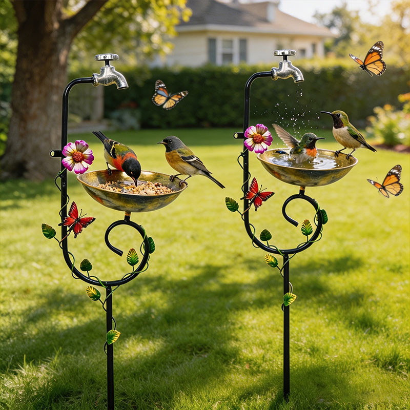 Vintage Faucet Bird Feeder Bath – 3-in-1 Metal Garden Stake & Yard Art