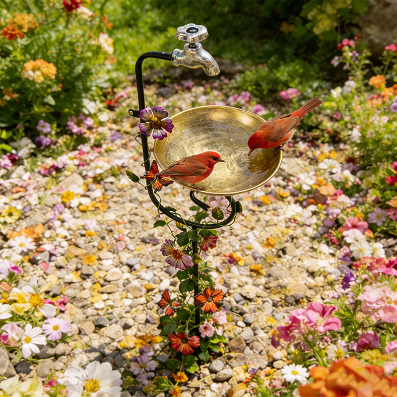 Vintage Faucet Bird Feeder Bath – 3-in-1 Metal Garden Stake & Yard Art