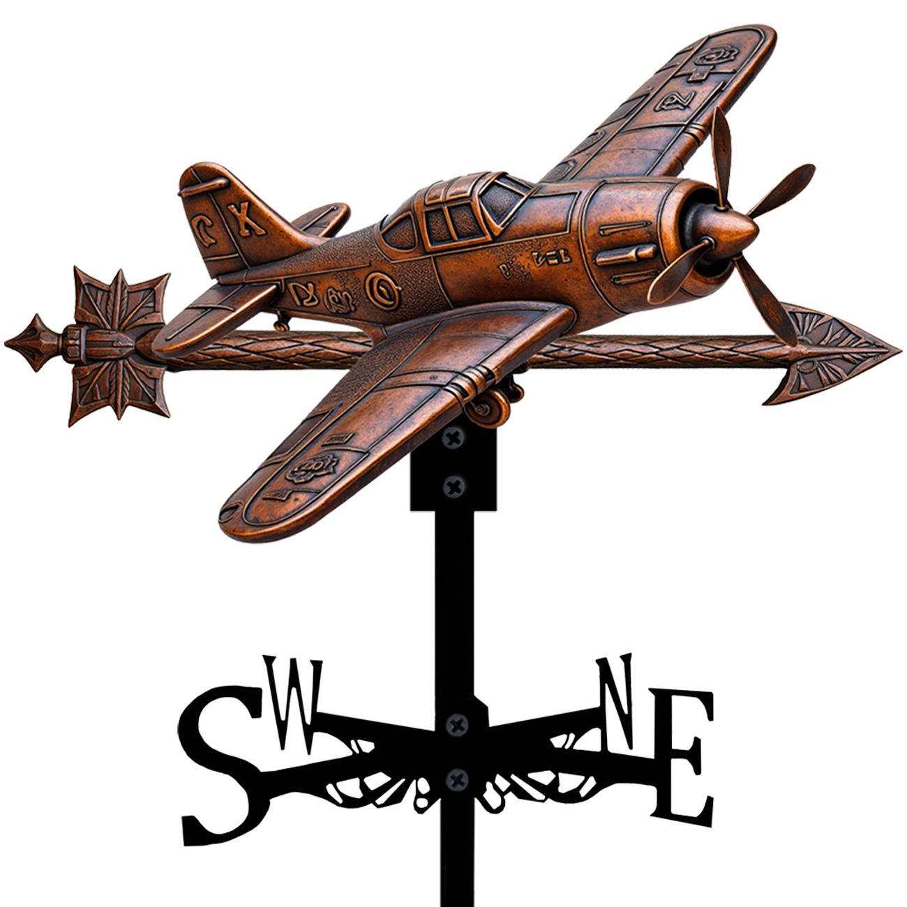 Vintage WWII Fighter Plane Copper Weathervane, Military Aircraft Outdoor Roof Decor