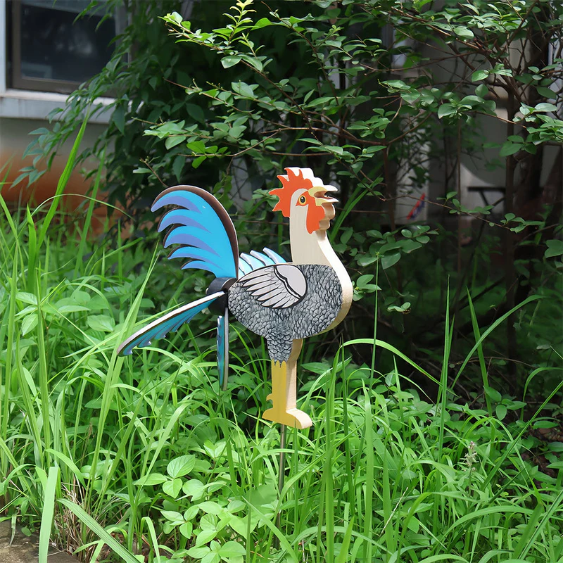 Hand-Painted Wooden Rooster Windmill – Whimsical Garden Decor Stake