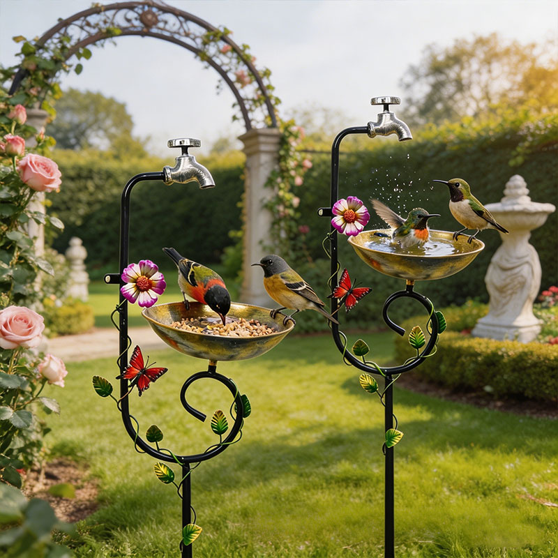 Vintage Faucet Bird Feeder Bath – 3-in-1 Metal Garden Stake & Yard Art
