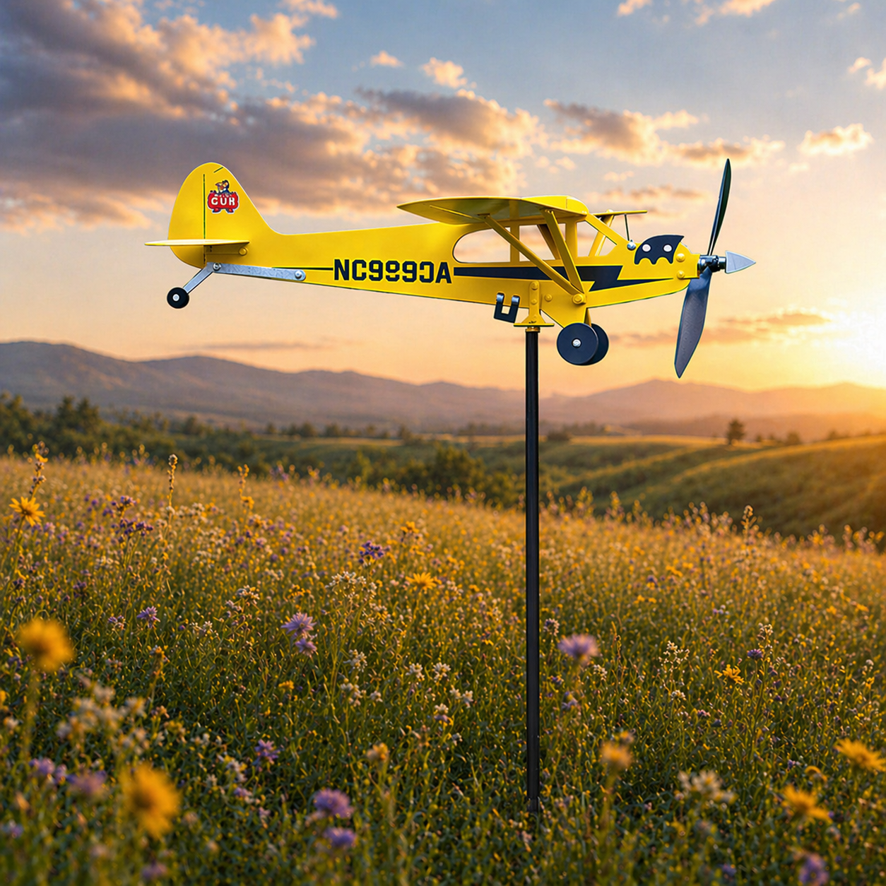Piper J-3 Cub Vintage Airplane Weather Vane, Yellow Metal Outdoor Garden Ornament