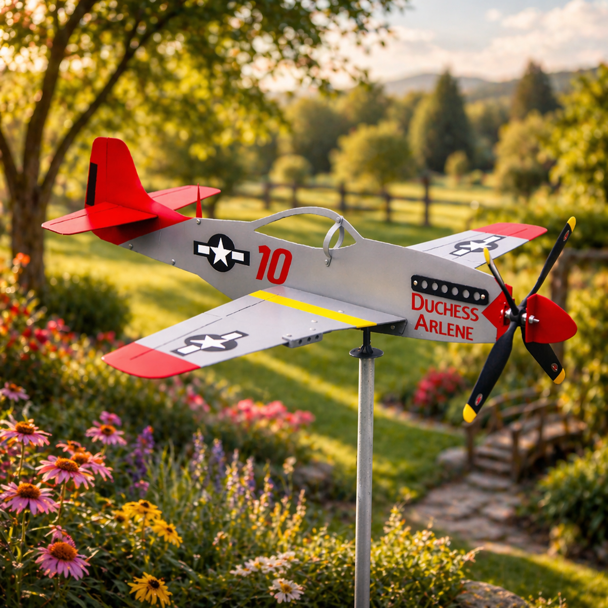 P-51 Mustang Metal Wind Spinner Weathervane with WWII Star and Bar Insignia, WWII Fighter Outdoor Garden Decor