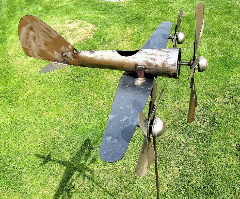Personalized Rusty Sky Racer Plane Weathervane - Vintage Double Propeller Outdoor Garden Decor Stake