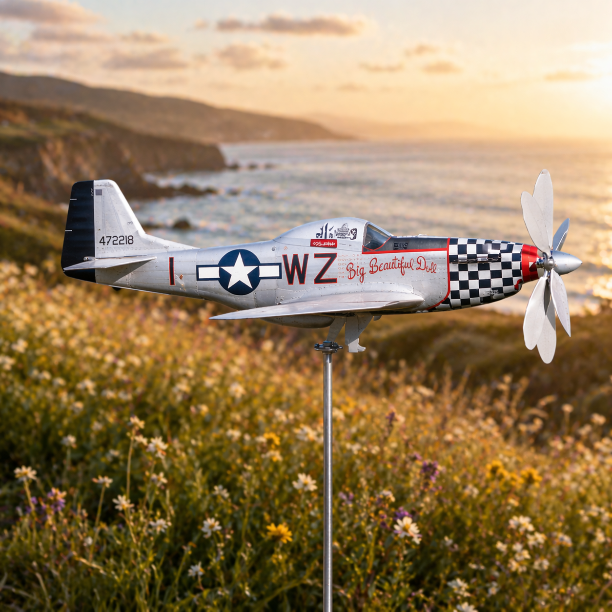 WWII P-51D Mustang "Big Beautiful Doll" Metal Wind Spinner Garden Decor