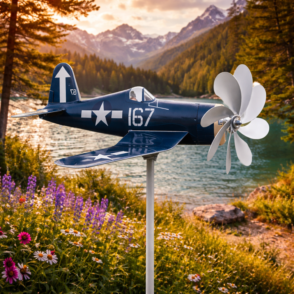 WWII F4U Corsair Wind Spinner Weathervane, US Navy Fighter Outdoor Garden Decor
