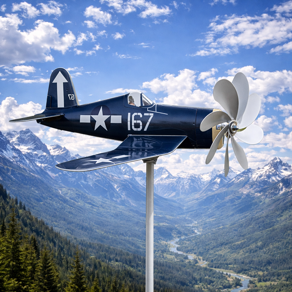 WWII F4U Corsair Wind Spinner Weathervane, US Navy Fighter Outdoor Garden Decor