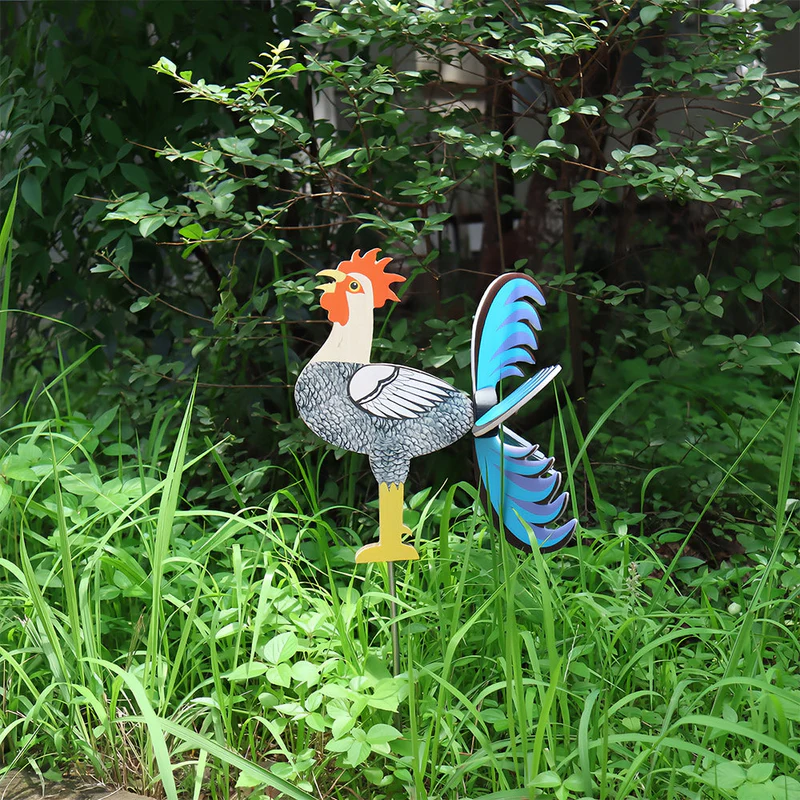 Hand-Painted Wooden Rooster Windmill – Whimsical Garden Decor Stake