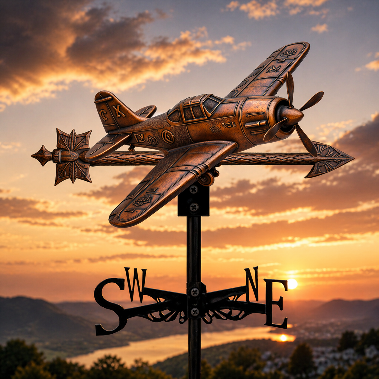 Vintage WWII Fighter Plane Copper Weathervane, Military Aircraft Outdoor Roof Decor