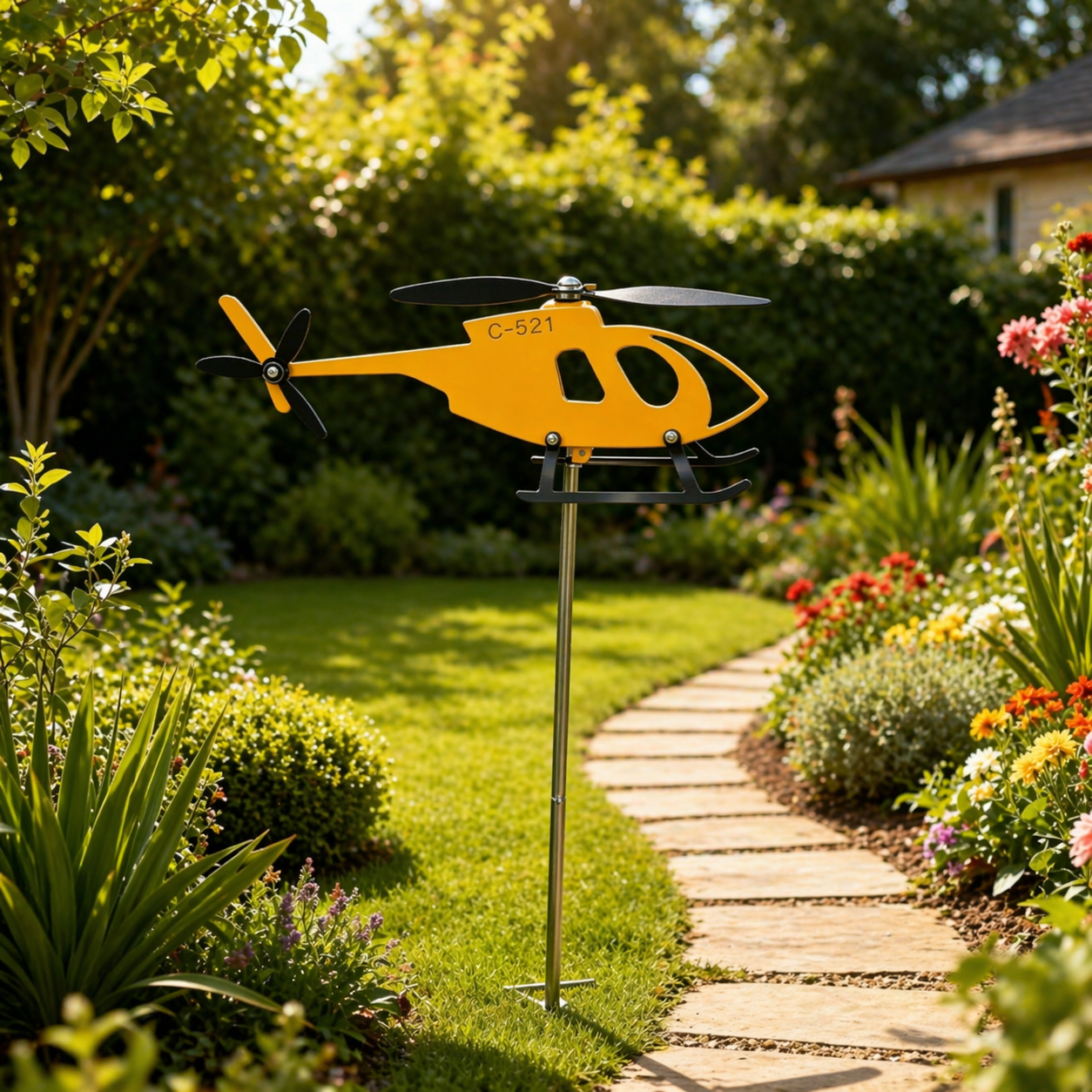 Yellow Metal Helicopter Wind Spinner Weathervane, Civil Aviation Outdoor Garden Decor