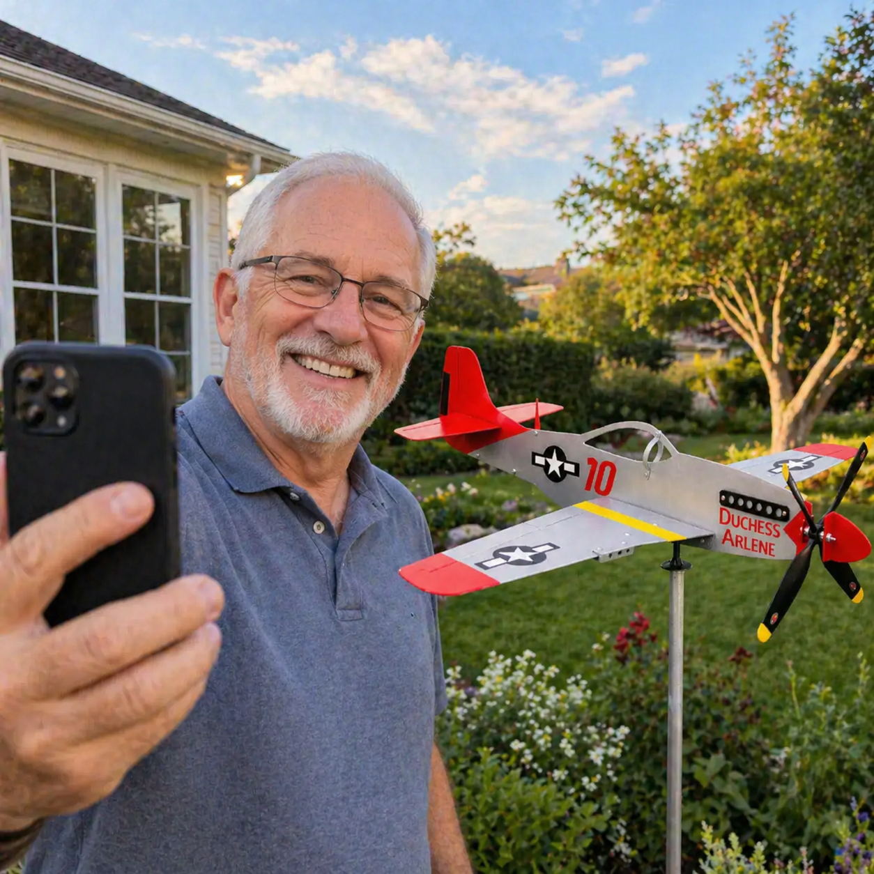 P-51 Mustang Metal Wind Spinner Weathervane with WWII Star and Bar Insignia, WWII Fighter Outdoor Garden Decor