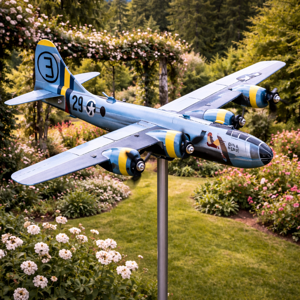 WWII B-26 Marauder Metal Wind Spinner Weathervane, WWII Bomber Outdoor Garden Decor