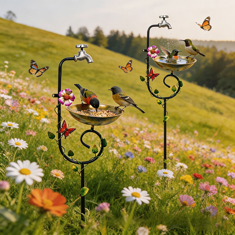 Vintage Faucet Bird Feeder Bath – 3-in-1 Metal Garden Stake & Yard Art