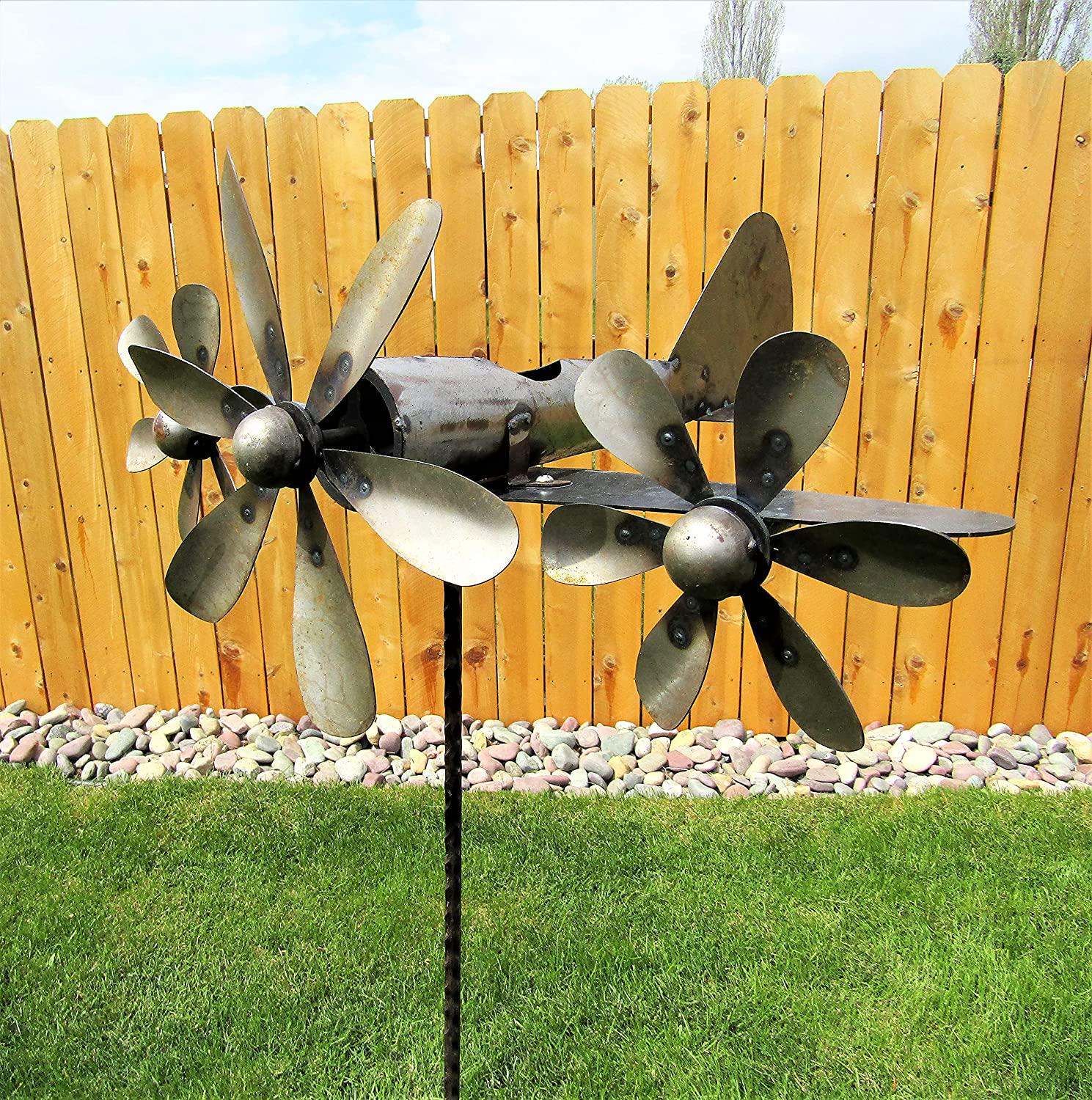 Personalized Rusty Sky Racer Plane Weathervane - Vintage Double Propeller Outdoor Garden Decor Stake