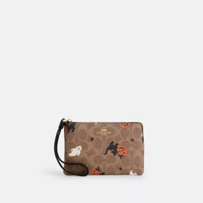 Corner Zip Wristlet In Signature Canvas With Halloween Print