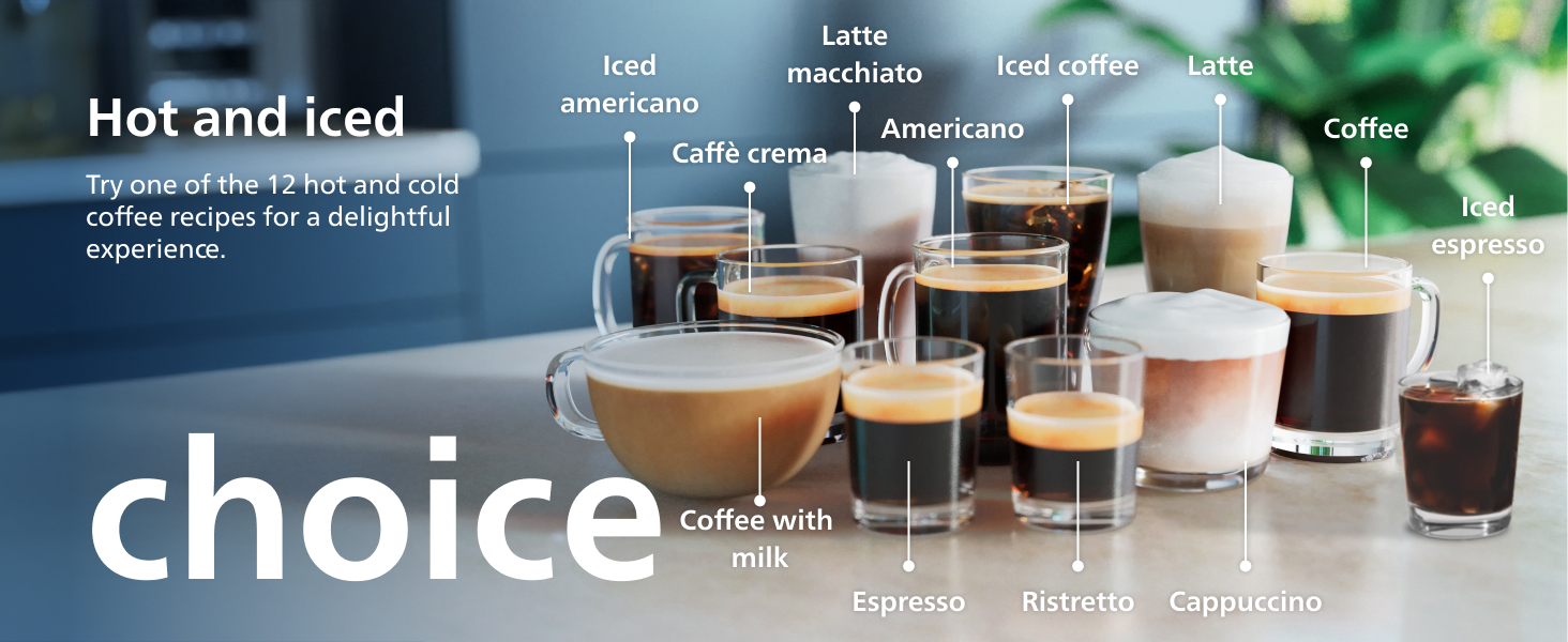 Coffee machine choice espresso cappuccino iced americano latte crema milk