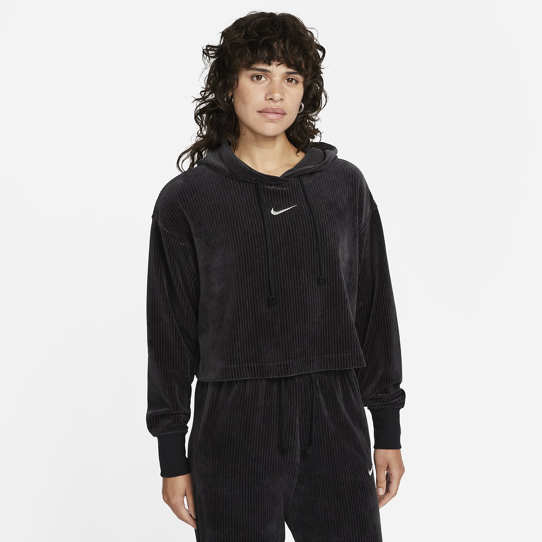 Sportswear - Women's Velour Cropped Pullover Hoodie