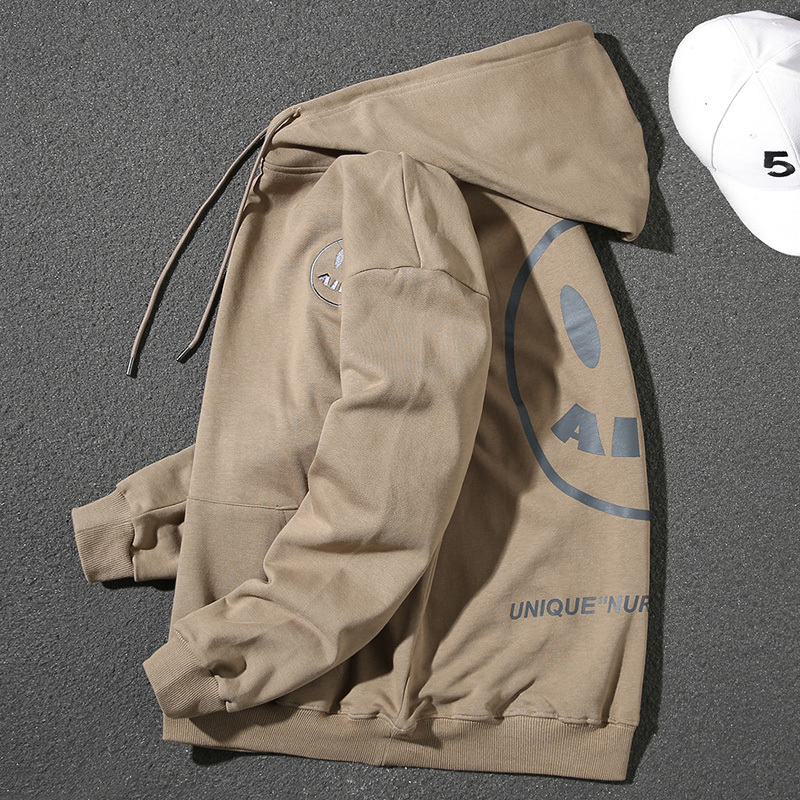 Handsome pure cotton hooded sweatshirt for men, autumn and winter Korean style smiley face letter print loose long-sleeved pullover casual top