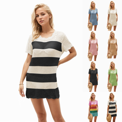 Summer new hot style round neck hand hook beach hollow blouse striped dress