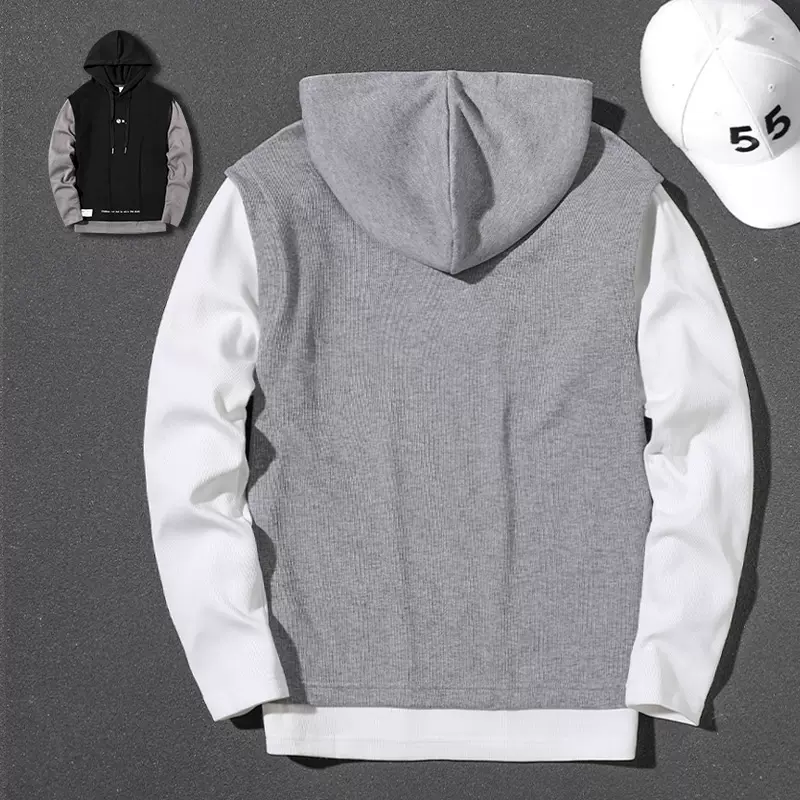 Handsome heavyweight gray fake two-piece 2023 spring, autumn and winter hooded large size top loose pullover long-sleeved sweatshirt for men