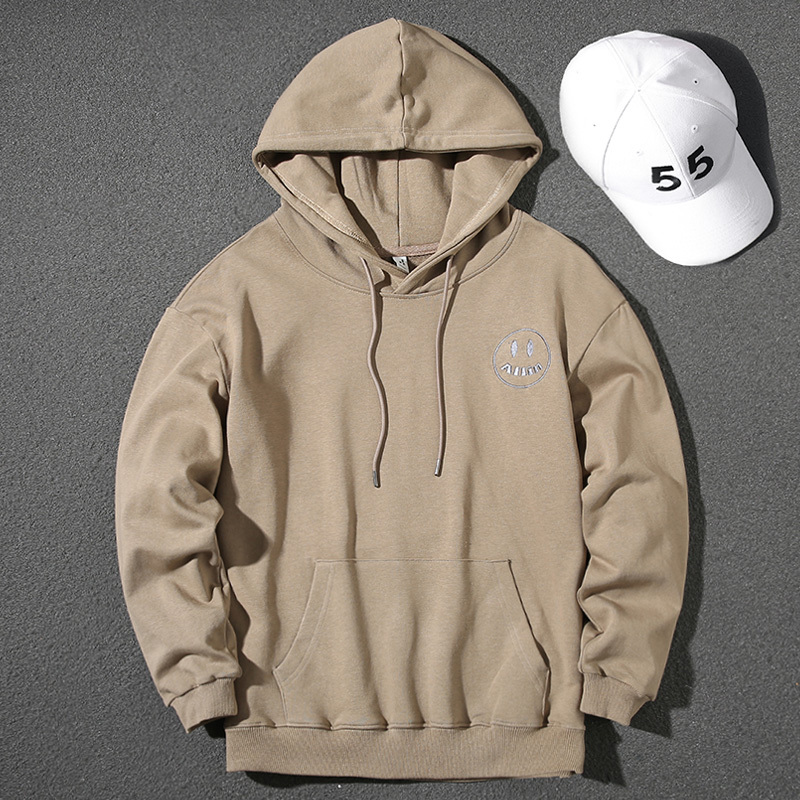 Handsome pure cotton hooded sweatshirt for men, autumn and winter Korean style smiley face letter print loose long-sleeved pullover casual top