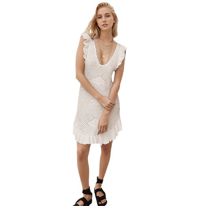 Summer new solid color sexy knitted hollow beach bikini swimsuit cover-up