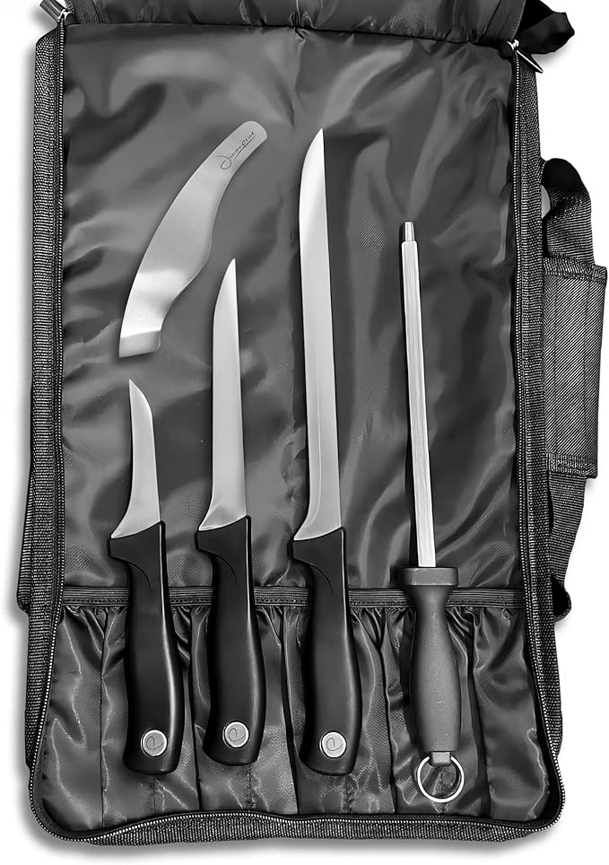 Iberico Ham Set with Ham Carving Knife, Boning Knife, Paring Knife, Knife Steel, Apron, Cover and Jamon Serrano Tongs - Slicing Knife for Meat Cutting - Chef Knife Set With Bag - Serrano Ham Knife