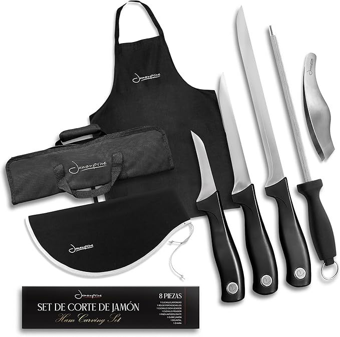 Iberico Ham Set with Ham Carving Knife, Boning Knife, Paring Knife, Knife Steel, Apron, Cover and Jamon Serrano Tongs - Slicing Knife for Meat Cutting - Chef Knife Set With Bag - Serrano Ham Knife