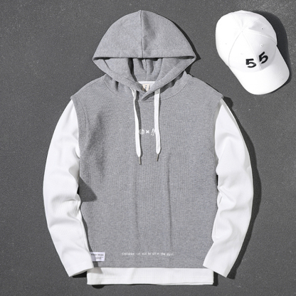 Handsome heavyweight gray fake two-piece 2023 spring, autumn and winter hooded large size top loose pullover long-sleeved sweatshirt for men