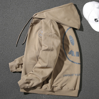 Handsome pure cotton hooded sweatshirt for men, autumn and winter Korean style smiley face letter print loose long-sleeved pullover casual top