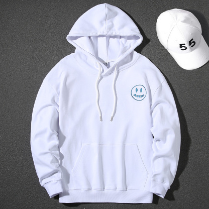 Handsome pure cotton hooded sweatshirt for men, autumn and winter Korean style smiley face letter print loose long-sleeved pullover casual top