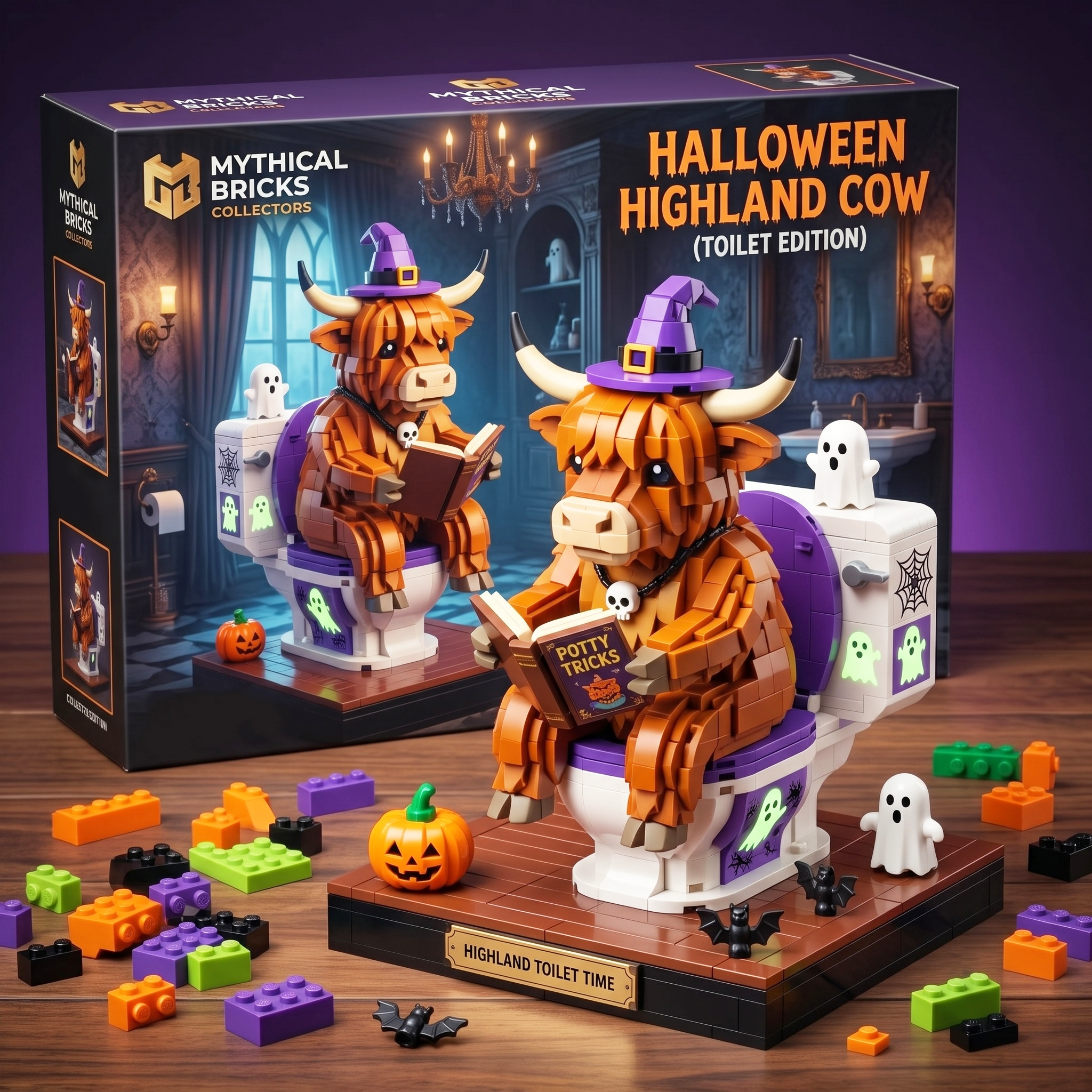 Halloween Highland Cow on Toilet - Humorous Building Kit