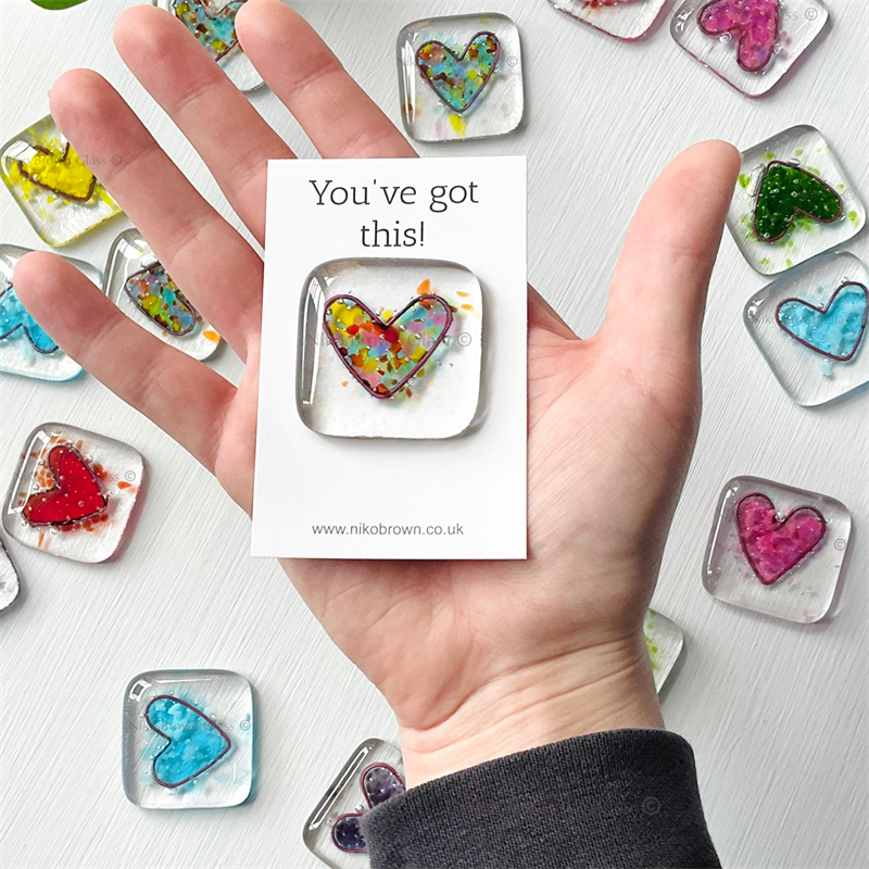 Fused glass heart pocket hug token